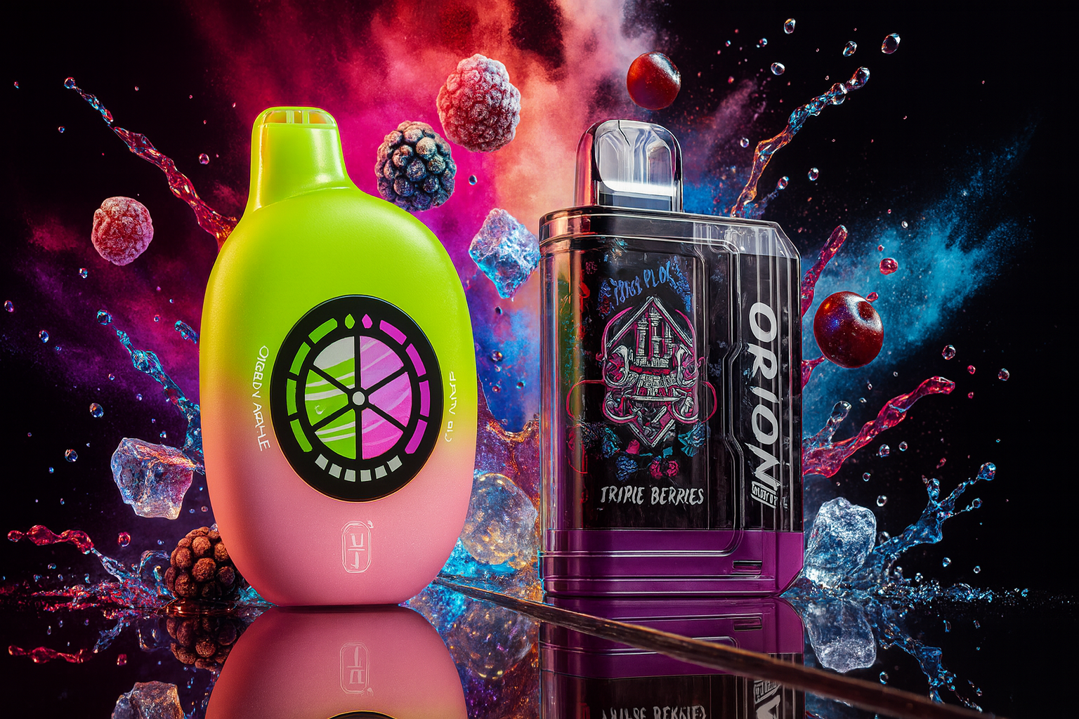 This energetic promotional image showcases two different vaping devices, an Orion model and a rounded lime-and-pink device, set against a dark background with dramatic splashes of water and ice cubes. The Orion vape features a transparent casing with 