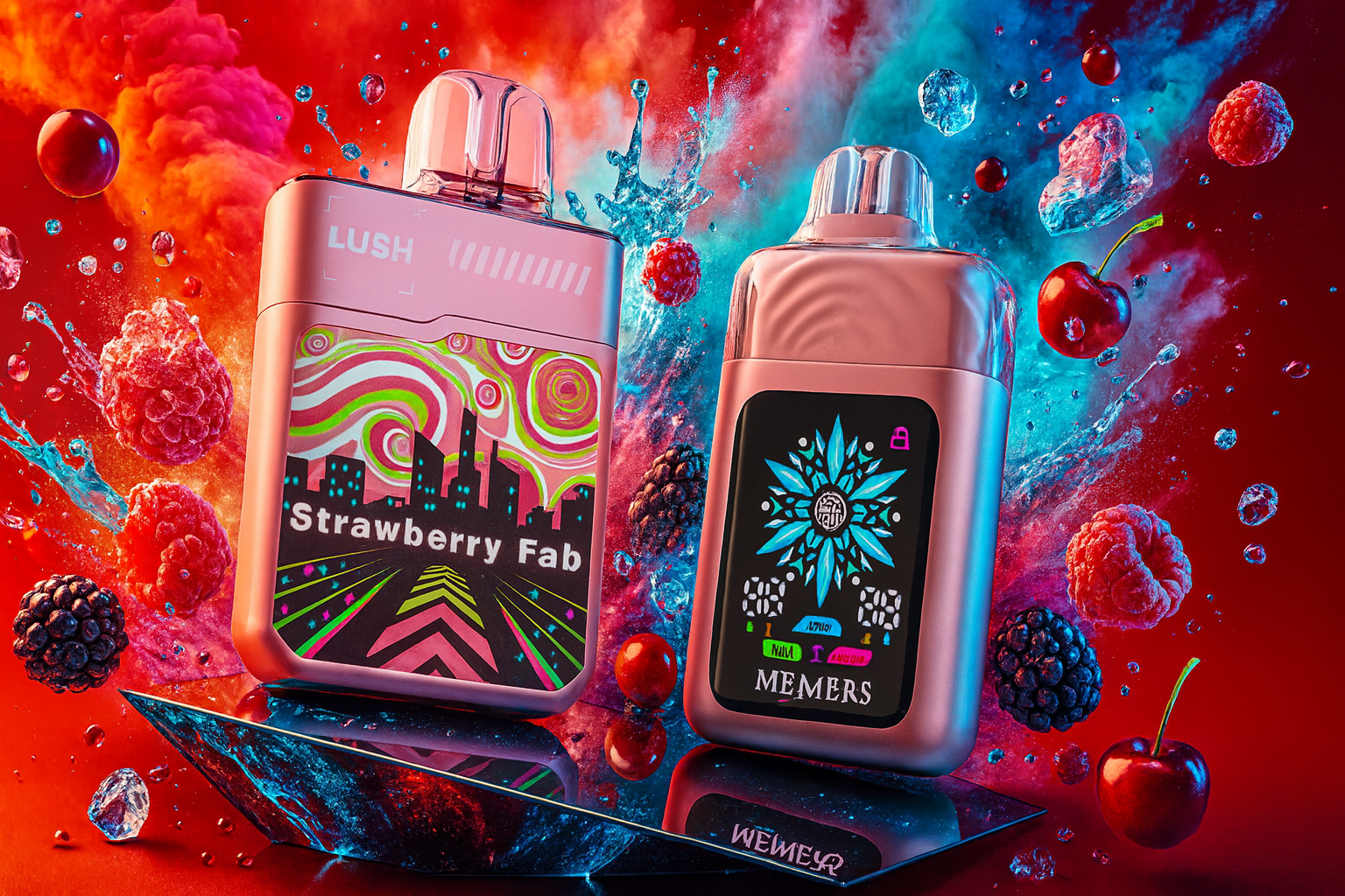 Two pink Lush Memers disposable vapes are displayed against a vibrant background of swirling red and blue smoke, splashing water, and floating berries. The left device features a colorful 
