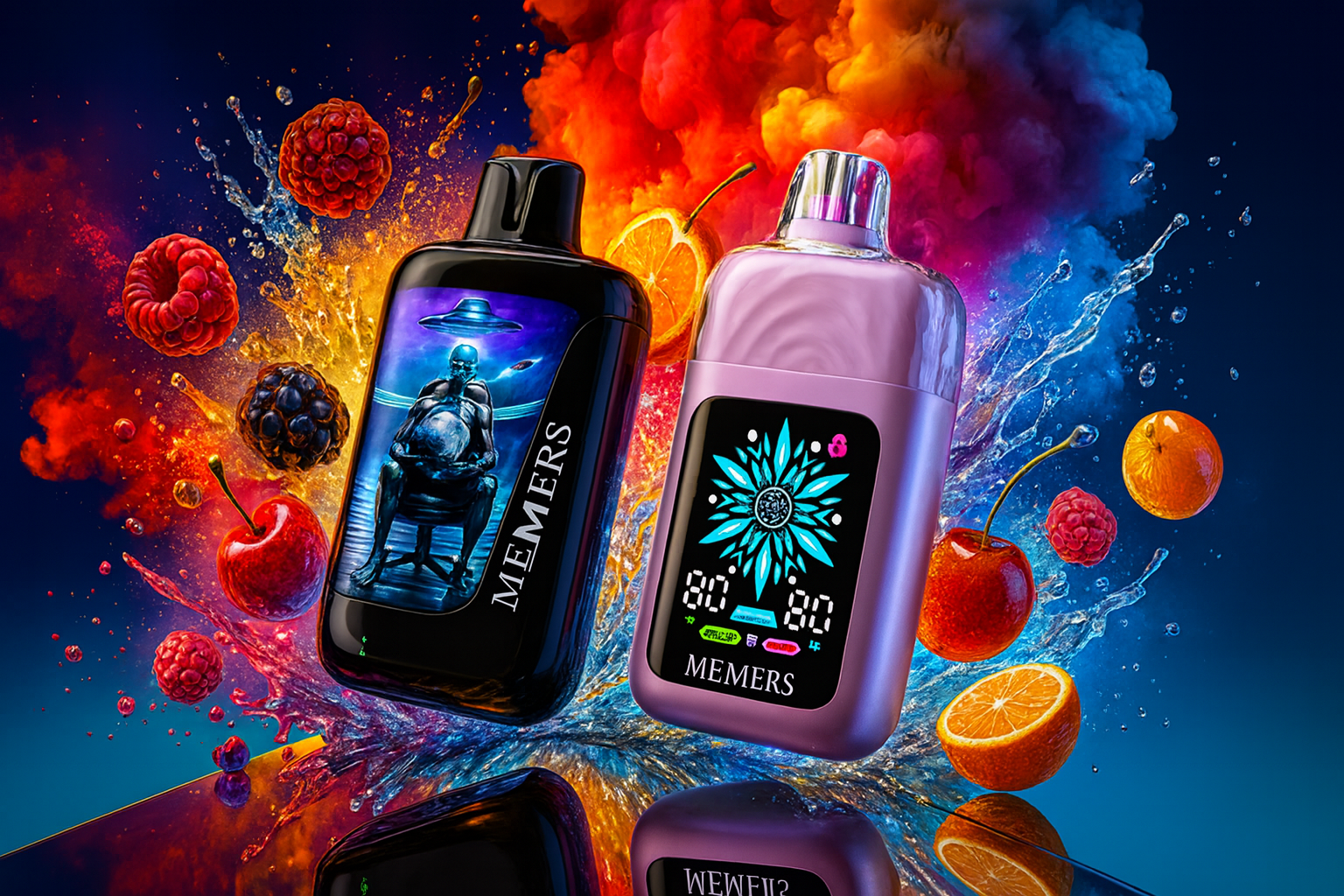 Two MEMERS brand vaporizers, one sleek black and one metallic pink, are positioned in front of a vibrant burst of multicolored smoke and splashing water. The black device features a large graphic of a futuristic seated figure under a UFO, while the pink device showcases a bright blue snowflake-patterned digital display. Fresh oranges, cherries, and raspberries fly through the air around the products, creating a sense of intense, chilled flavor.