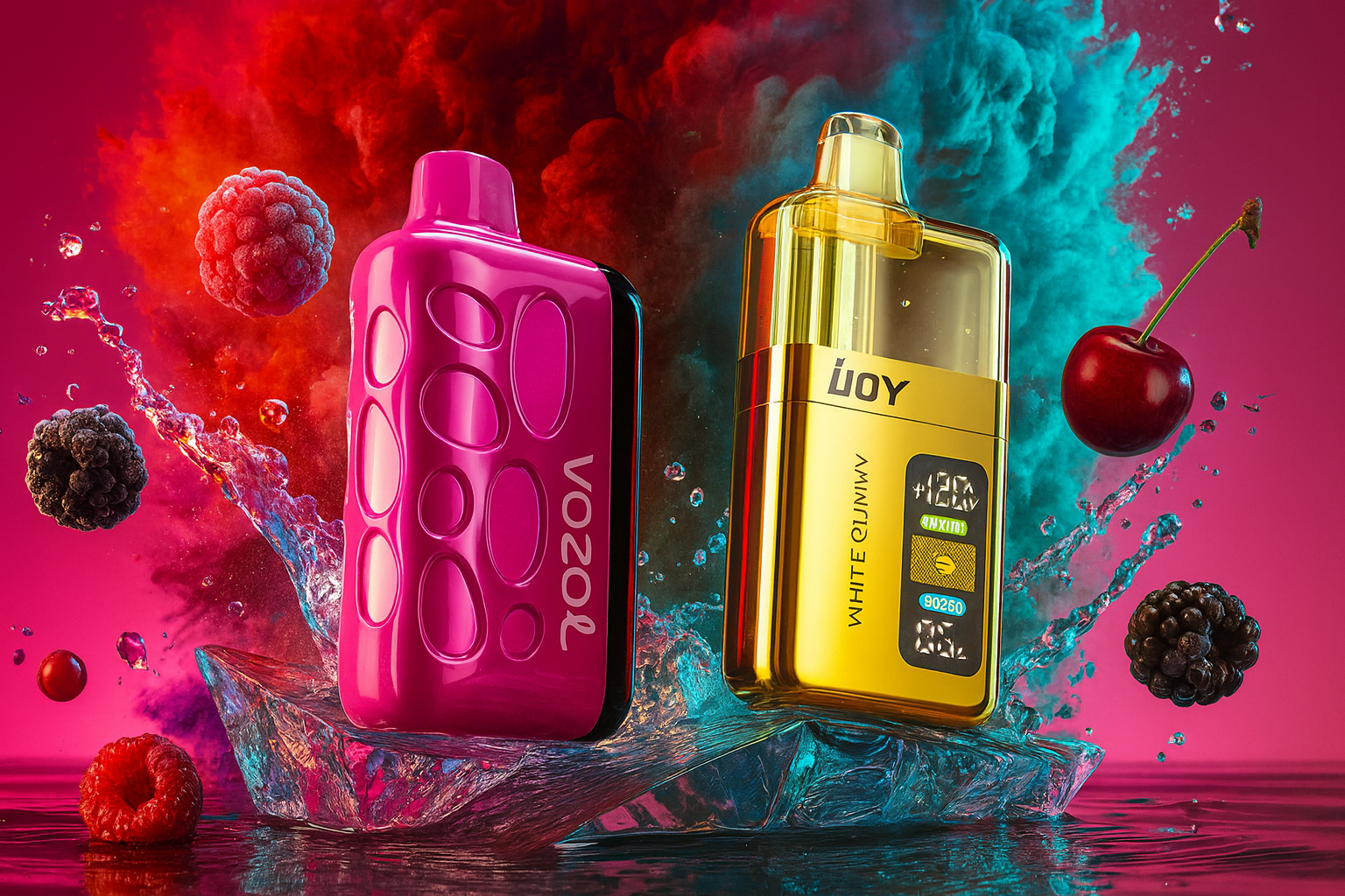 Two modern vapes, a textured bright pink VOZOL and a glossy gold iJOY device with a digital screen, are positioned on a bed of jagged ice. The scene is filled with splashes of water and a variety of berries, set against a dramatic background of red and teal smoke. The lighting is high-contrast, highlighting the metallic and translucent surfaces of the devices to create a premium, high-tech look.