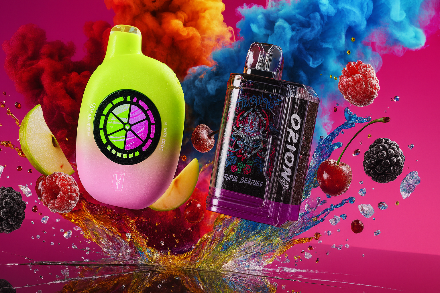 A neon yellow and pink rounded vape and a dark Orion 