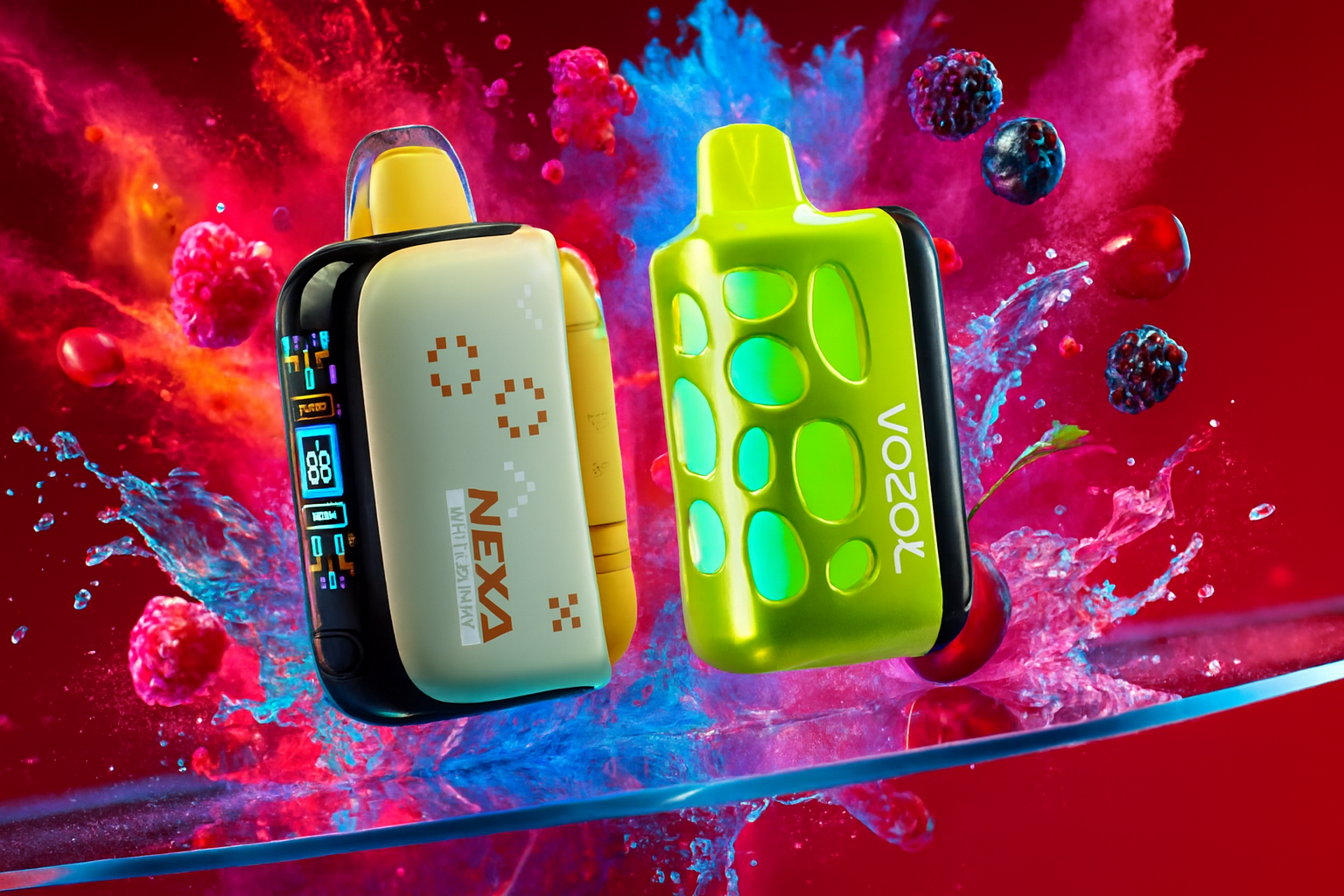 This vibrant product photograph features two modern disposable vapes, a Nexa and a Vozol, set against a dynamic background of red and blue powder explosions. The devices are surrounded by splashing water and fresh berries, including raspberries and blueberries, which emphasize their fruity flavors. The composition uses bright neon colors and sharp lighting to create a high-energy, futuristic aesthetic.