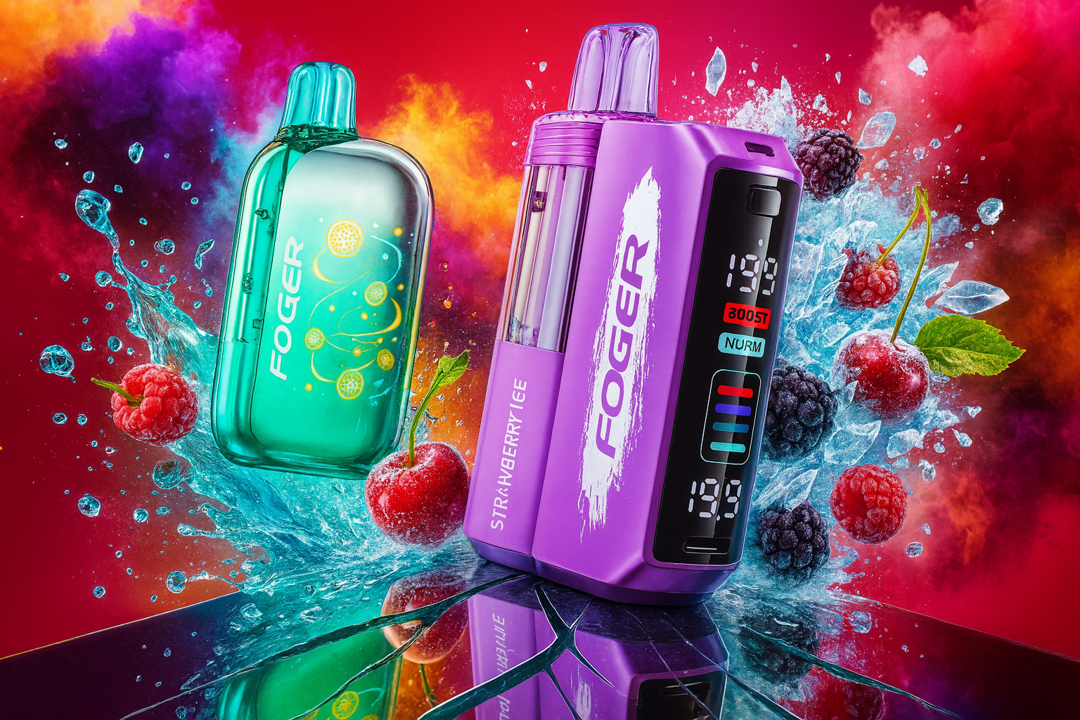 This high-energy advertisement features two FOGER brand vapes, one in translucent teal and the other in solid purple, resting on a cracked reflective surface. The purple device displays a sophisticated digital interface with battery and 