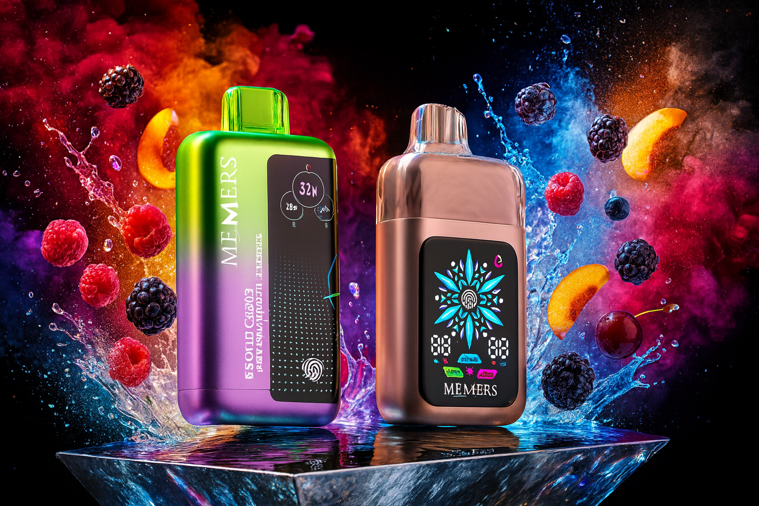 This vibrant promotional image features two Memers disposable vapes standing on a reflective surface amidst splashes of water and colorful smoke. The left device has a green-to-purple gradient finish, while the right one is a metallic rose gold, both displaying digital screens with glowing graphics and fingerprint icons. Floating around the vapes are fresh fruits like raspberries, blackberries, and peach slices, emphasizing the variety of fruity flavors available.