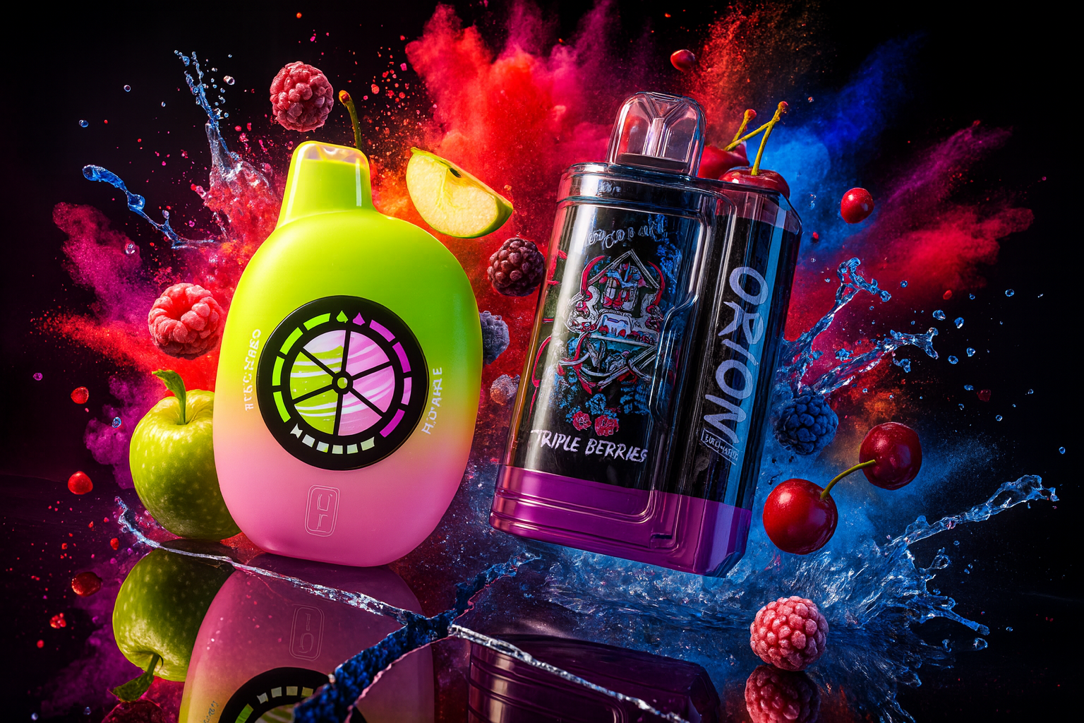 This vibrant commercial-style photograph features two disposable vapes surrounded by exploding colorful powder, water splashes, and floating fruits like raspberries, cherries, and green apples. On the left, a rounded neon green and pink device is showcased, while the right side displays a sleek black and purple 