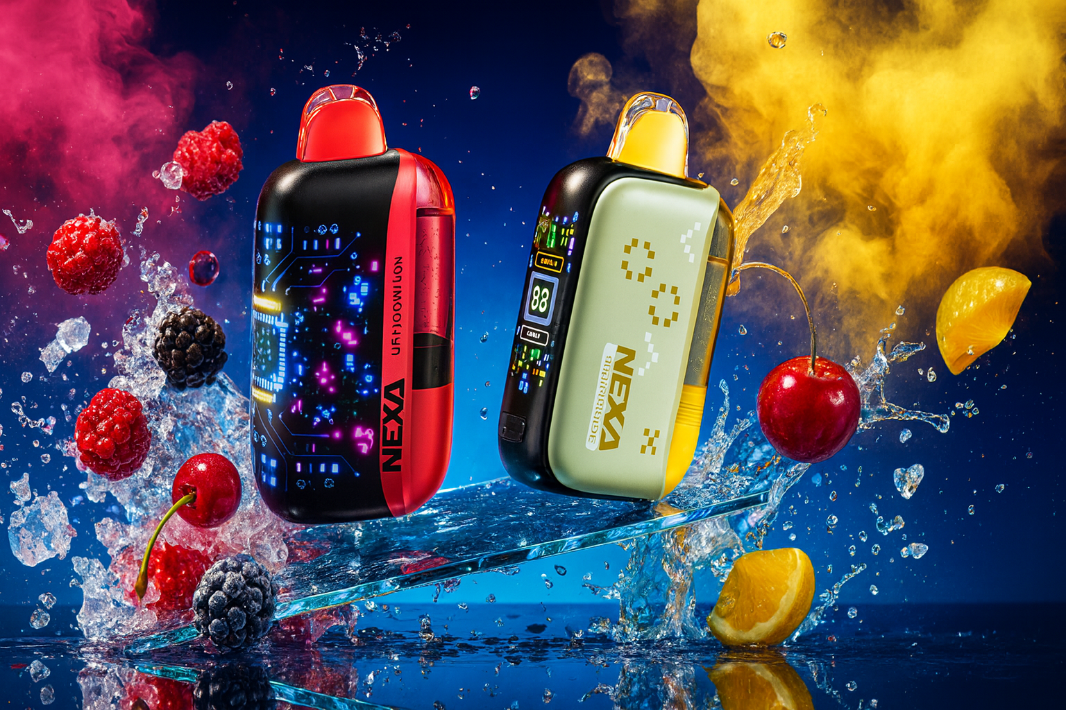 This vibrant promotional image features two NEXA disposable vapes floating amidst splashes of water, ice, and fresh fruit against a bright blue background. The device on the left has a dark, circuit-board design with glowing neon accents, while the right one is a pale green with pixelated graphics. Surrounding the vapes are colorful raspberries, blackberries, cherries, and lemon slices, complemented by swirling clouds of red and yellow smoke.