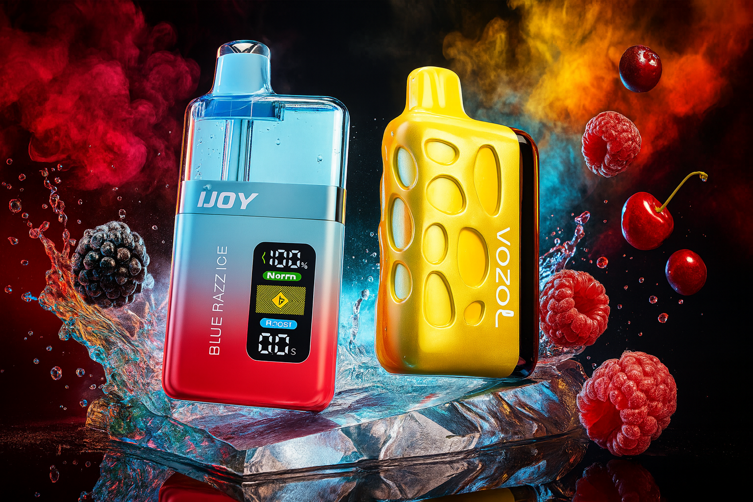 Two modern disposable vaporizers, an iJoy and a VOZOL, are prominently displayed side-by-side on a block of ice. The iJoy device on the left features a blue-to-red gradient with a digital screen, while the yellow VOZOL device on the right has a unique cratered texture. Vibrant splashes of water, colorful smoke, and fresh berries like raspberries and cherries surround the products to emphasize their fruit-ice flavors.